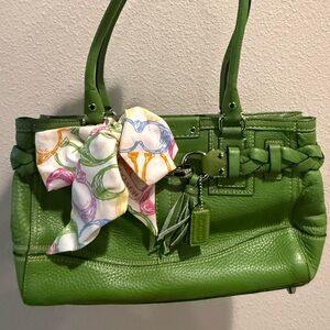 Coach Green Leather Satchel Shoulder Bag w/ Scarf Accent Classic Y2K Style